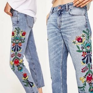NWT Zara Embroidered Floral Cigarette Jeans